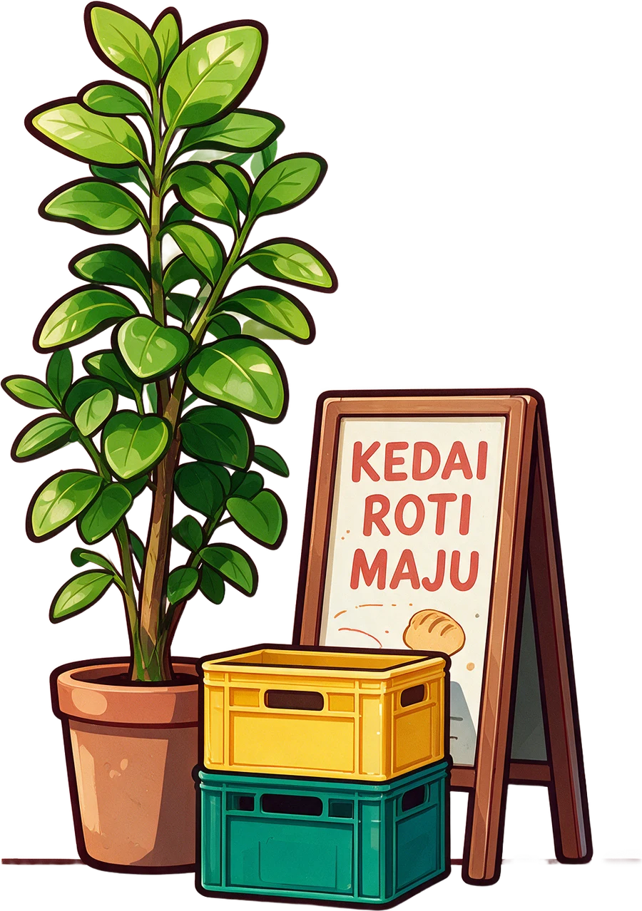 Cartoon props: plant, menu board, crates